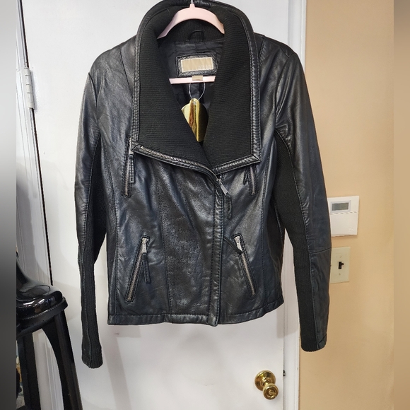 Michael Kors Leather Moto Jacket Womens L Black Knit Wing Collar Biker Coat. - Picture 2 of 9